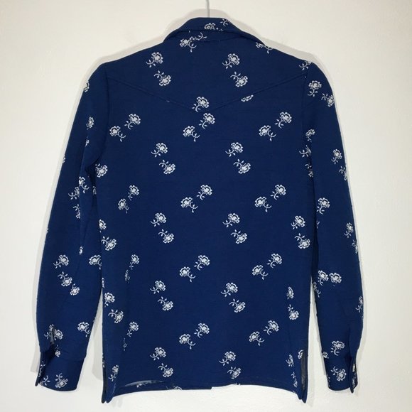 Vintage 70s Blue Button Front Jacket, Pointy Dagger Collar Western Style Floral - Picture 13 of 16